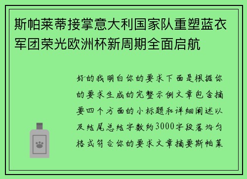 斯帕莱蒂接掌意大利国家队重塑蓝衣军团荣光欧洲杯新周期全面启航